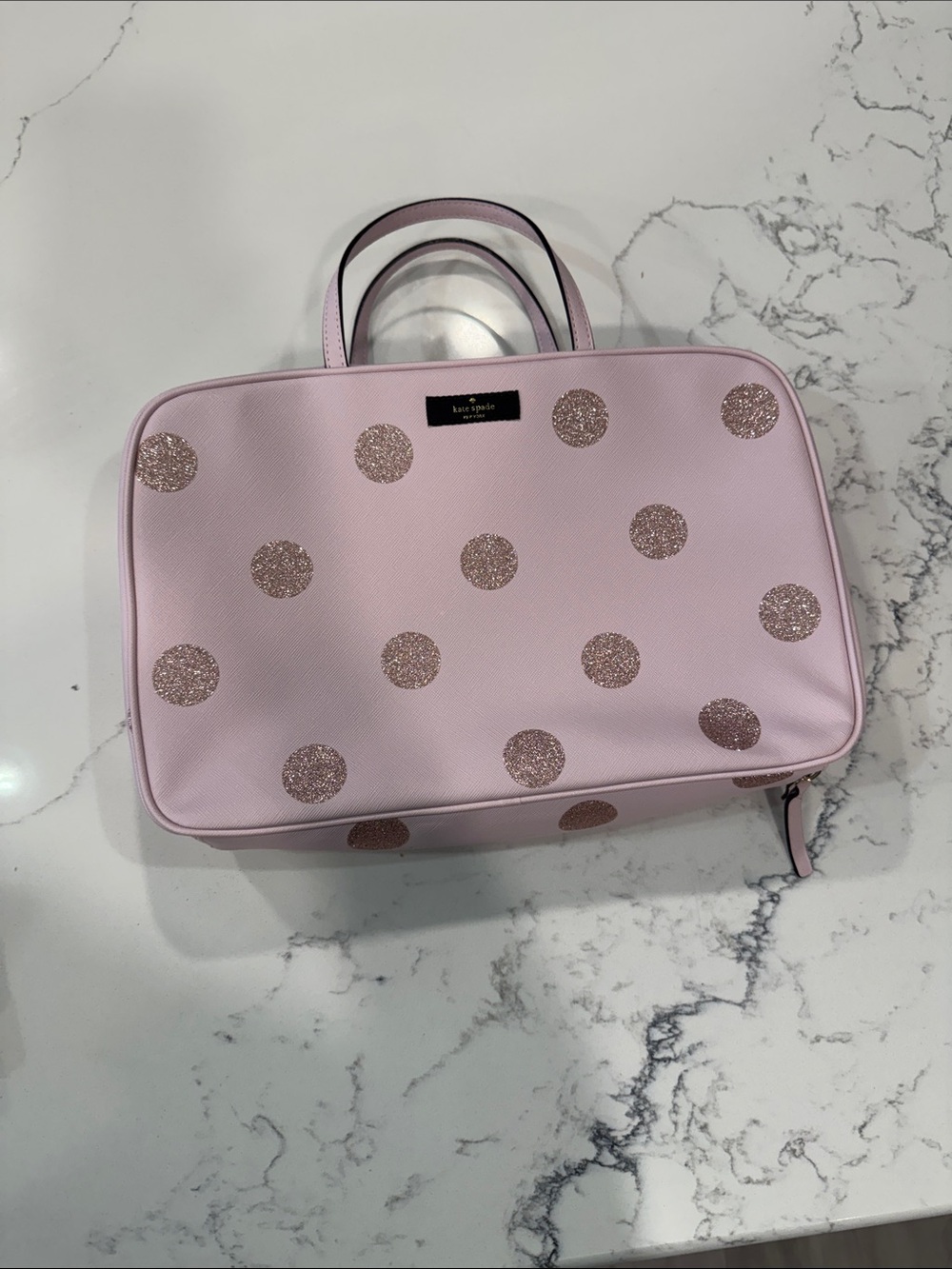 kate spade Light Pink Cosmetic Case with Rose Gold Glitter Dots